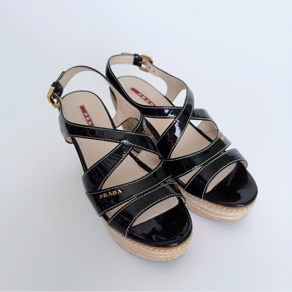 Prada Black Patent Strappy Cork Wedge Sandals